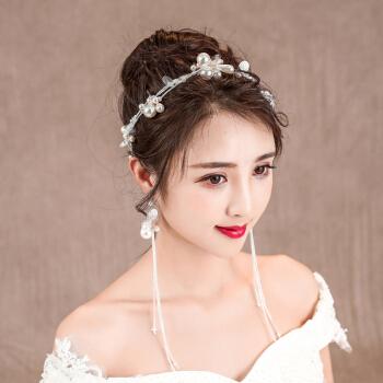 花朵森系韩式仙美发饰品结婚纱礼服配饰 d款:白色珍珠发带 耳环【图片